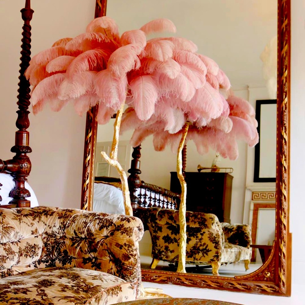 Pink feathered floor lamp